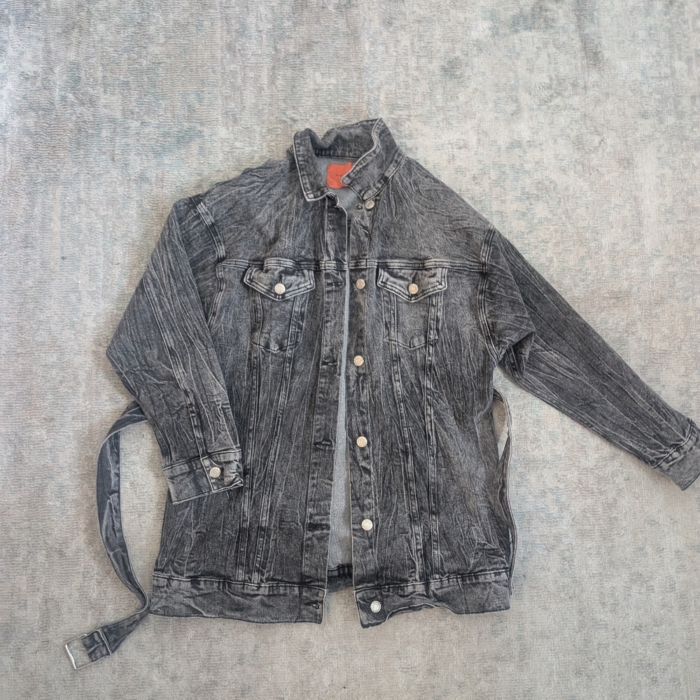 Signature8 Grey Acid Wash Oversized Belted Denim Jacket